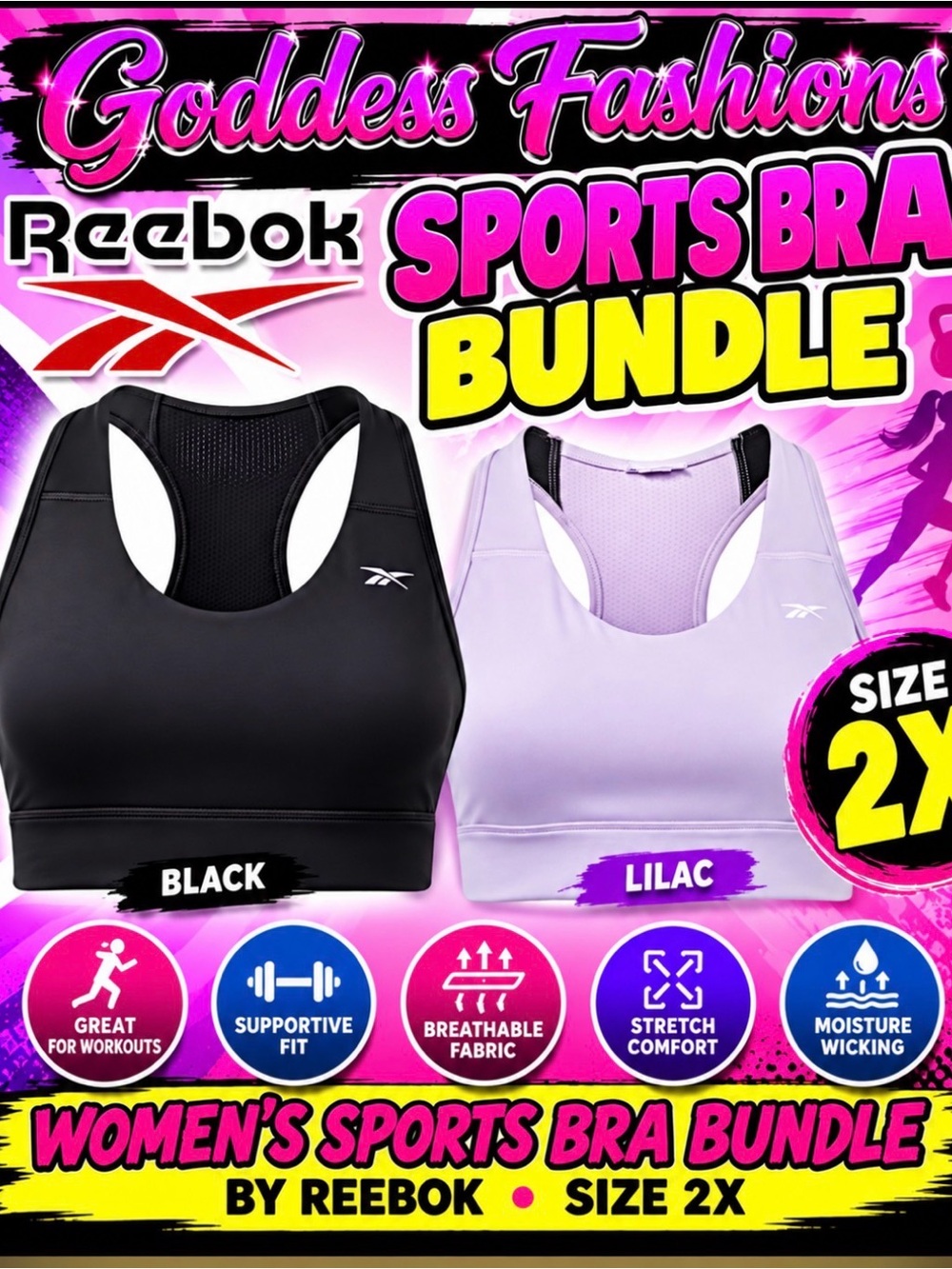New Reebok Running Essentials Sports High Support Bra Bundle (2)